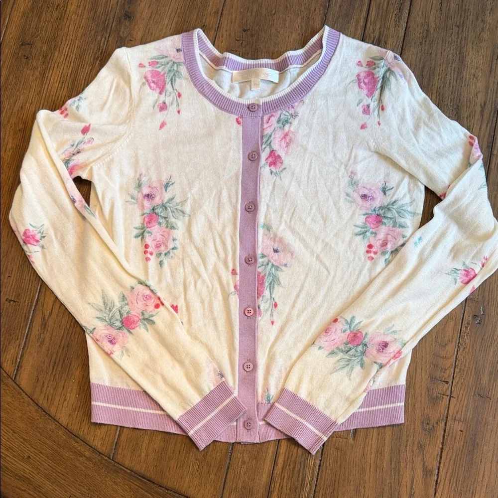 LoveShackFancy Cream Cardigan with Lilac Trim - Picture 1 of 7